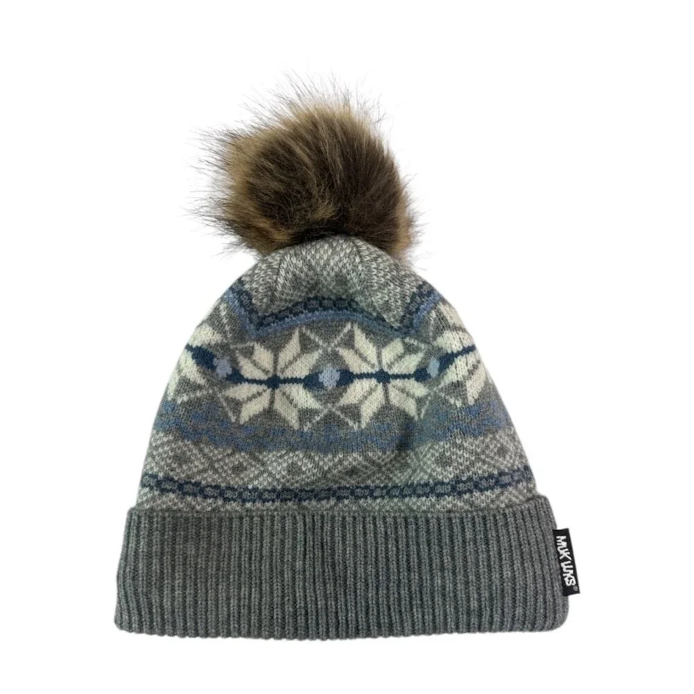 Muk Luks Fair Isle Pom Beanie Gray Blue Knit Winter Hat Faux Fur Pom One Size